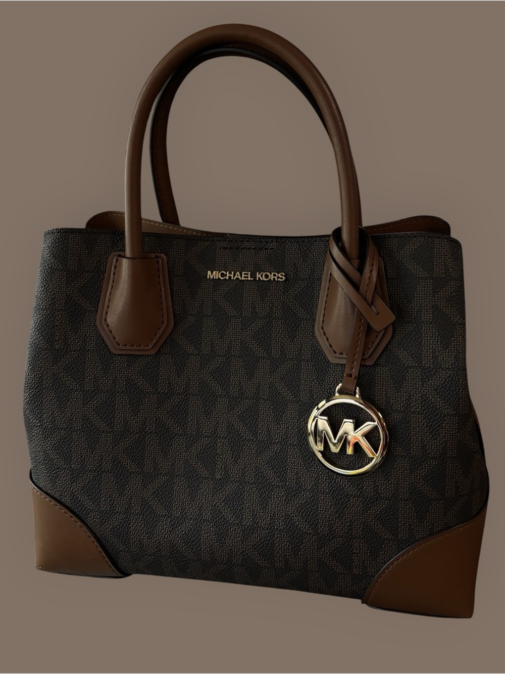 Michael Kors Dark Brown MK Logo Tote Satchel with Gold Charm